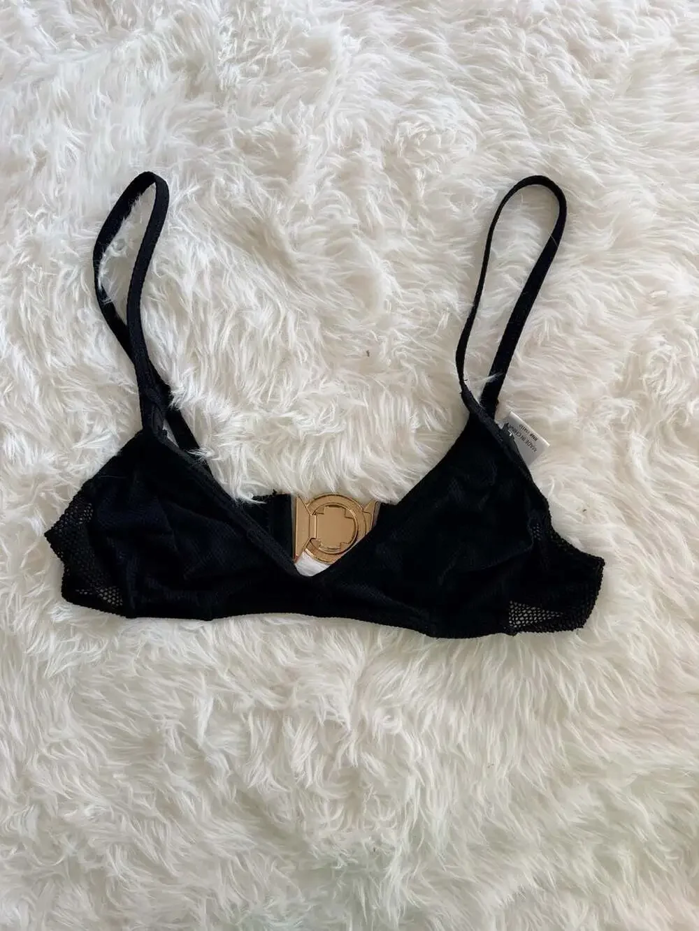 LuxLabel Black Texture Detail Bikini Top with Gold-Tone Ring Hardware